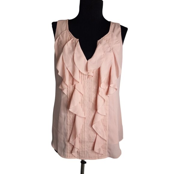 WHBM XS Blouse Top Ruffled Sleeveless Chiffon Pink Sheer Lined Pintuck Pleats - Picture 1 of 8